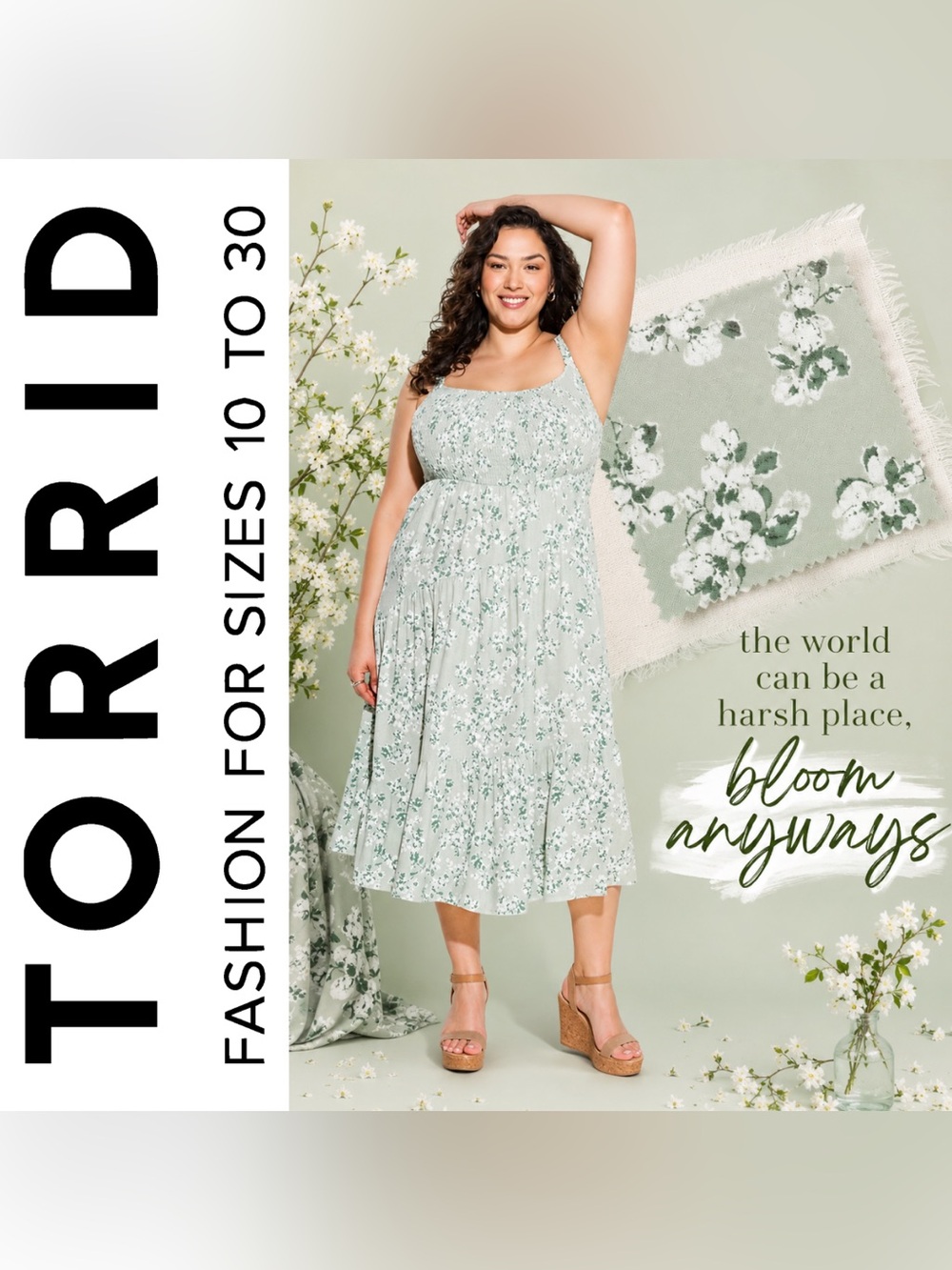 Torrid 90s Lovesick Green & White Floral Tie-Back Smocked Dress, 1X, NWT!